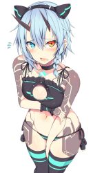 Rule 34 | 1girl, animal ears, arm tattoo, bikini, black bikini, blue hair, blush, braid, breasts, bright pupils, choker, cleavage cutout, clothing cutout, fake animal ears, frills, from above, full-body tattoo, hair between eyes, heterochromia, highres, horns, io (pso2), looking at viewer, neon trim, open mouth, phantasy star, phantasy star online 2, short hair, small breasts, solo, standing, sukage, swimsuit, tattoo, thighhighs, white background, wrist cuffs