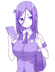 Rule 34 | 1girl, bag, blush, cellphone, closed mouth, collared shirt, folded hair, hair between eyes, hand up, holding, holding phone, long hair, looking to the side, monochrome, original, phone, purple theme, school uniform, shirt, short sleeves, shoulder bag, smartphone, solo, upper body, vest, zaxwu