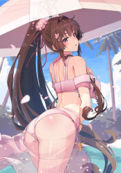 Rule 34 | 1girl, artist name, ass, bare arms, bare legs, bare shoulders, bikini, blush, breasts, brown eyes, brown hair, cherry blossoms, cloud, cowboy shot, dated, flower, from behind, hair flower, hair ornament, high ponytail, highres, himeyamato, kantai collection, large breasts, long hair, looking back, open mouth, outdoors, pink bikini, pink flower, pink sarong, ponytail, sarong, see-through, see-through sarong, signature, solo, swimsuit, umbrella, very long hair, yamato (kancolle), yamato kai ni (kancolle)