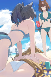 Rule 34 | 6+girls, animal ears, ass, bikini, black hair, blue bikini, blue sky, breasts, brown hair, character request, cloud, day, ear covers, gentildonna (umamusume), gold ship (umamusume), green bikini, hair between eyes, hair ornament, highres, horse ears, horse girl, horse tail, katsuragi ace (umamusume), large breasts, long hair, lying, mr. c.b. (umamusume), mukakin, multicolored hair, multiple girls, navel, on stomach, outdoors, ponytail, shirt, short hair, sirius symboli (umamusume), sky, streaked hair, swimsuit, tail, umamusume, white shirt