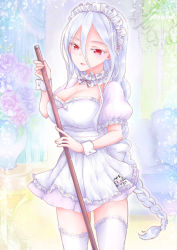 Rule 34 | 1girl, alternate costume, breasts, broom, cleavage, detached collar, dress, enmaided, flower, hair between eyes, highres, holding, holding broom, kumo desu ga nani ka?, kumoko (kumo desu ga nani ka?), large breasts, long hair, maid, maid headdress, puffy sleeves, red eyes, rei (ls91407662), shiraori, silver hair, solo, spoilers, thighhighs, very long hair, white dress, white headwear, white thighhighs, wrist cuffs