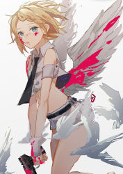 Rule 34 | 1girl, 9degree, absurdres, angel wings, bird, blonde hair, blood, blood on face, bloody wings, blue eyes, braid, braided bangs, commentary, crop top, feathered wings, fingerless gloves, from side, gloves, gradient background, grey gloves, grey jacket, grey shorts, grey wings, gun, highres, holding, holding gun, holding weapon, jacket, kagamine rin, looking at viewer, looking to the side, necktie, parted lips, short hair, short shorts, shorts, sleeveless, sleeveless jacket, solo, symbol-only commentary, vocaloid, weapon, wing collar, wings
