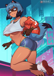 Rule 34 | 1girl, animal ears, blue hair, brand new animal, breasts, claws, closed mouth, dolphin shorts, full body, furry, furry female, jacket, kagemori michiru, large breasts, multicolored eyes, multicolored hair, open clothes, open jacket, raccoon ears, raccoon girl, raccoon tail, red jacket, redjet, shirt, short hair, short shorts, shorts, smile, solo, tail, tanuki, track jacket, underboob