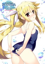 Rule 34 | 1girl, adjusting clothes, adjusting swimsuit, arched back, ass, bare arms, blonde hair, blue one-piece swimsuit, blush, commentary request, competition school swimsuit, fate testarossa, from behind, fujima takuya, hair ribbon, long hair, looking at viewer, looking back, lyrical nanoha, mahou shoujo lyrical nanoha, official art, one-piece swimsuit, open mouth, red eyes, ribbon, school swimsuit, shiny skin, solo, standing, swimsuit, twintails, very long hair, white background