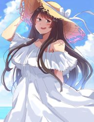 Rule 34 | 1girl, blue sky, blush, brown hair, cloud, cloudy sky, commentary request, dress, frilled dress, frills, grey eyes, hand on headwear, hat, highres, leoandaslan (leobongnana), long hair, looking at viewer, off shoulder, open mouth, protagonist 2 (housamo), ribbon, seaside, sidelocks, sky, solo, straw hat, teeth, tokyo houkago summoners, upper body, upper teeth only, white dress, white ribbon