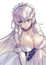 Rule 34 | 1girl, absurdres, artist name, azur lane, bare shoulders, belfast (azur lane), blue eyes, braid, breasts, broken, broken chain, chain, cleavage, closed mouth, collar, collarbone, corset, dress, elbow gloves, frills, gloves, highres, large breasts, long hair, looking at viewer, maett, maid, maid headdress, silver hair, simple background, skindentation, sleeveless, sleeveless dress, smile, solo, upper body, very long hair, white background, white dress, white gloves