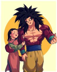 Rule 34 | bare pectorals, biceps, body fur, chi-chi (dragon ball), closed eyes, dragon ball, dragon ball gt, height difference, highres, husband and wife, locked arms, monkey boy, monkey tail, open mouth, pectorals, pink hair, relio db318, short hair, side-by-side, son goku, spiked hair, super saiyan, super saiyan 4, tail