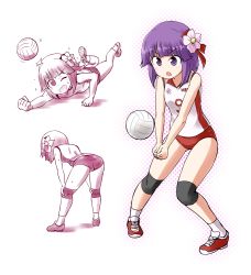 Rule 34 | 1girl, ass, ball, bent over, buruma, flower, hair flower, hair ornament, hieda no akyuu, knee pads, kousei (public planet), one eye closed, open mouth, playing sports, purple eyes, purple hair, shirt, sleeveless, sleeveless shirt, solo, sportswear, sweat, touhou, v arms, volleyball, volleyball (object), volleyball uniform