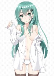 Rule 34 | 10s, 1girl, :o, absurdres, aqua eyes, aqua hair, artistic error, bad id, bad pixiv id, bare shoulders, breasts, chestnut mouth, dice, dress shirt, earrings, green eyes, green hair, green nails, hair between eyes, hair ornament, hairclip, highres, jewelry, kanikou, kantai collection, long hair, looking at viewer, matching hair/eyes, medium breasts, nail polish, navel, necklace, no bra, off shoulder, open clothes, open mouth, open shirt, panties, polka dot, polka dot background, ring, ring necklace, shirt, simple background, solo, standing, suzuya (kancolle), thighhighs, thighs, tongue, underwear, white panties, white shirt