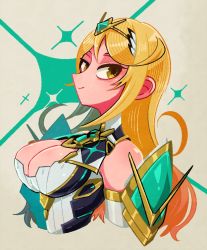 Rule 34 | 1girl, blonde hair, breasts, brown background, chest jewel, cleavage, cropped torso, from side, headpiece, highres, iccoco, long hair, medium breasts, mythra (xenoblade), smile, solo, tiara, upper body, xenoblade chronicles (series), xenoblade chronicles 2, yellow eyes