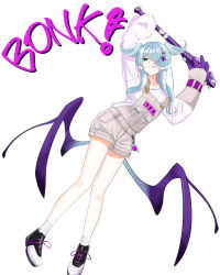 Rule 34 | 1girl, absurdres, arina (arina930), baseball bat, blue eyes, collarbone, commentary, dragon girl, elira pendora, elira pendora (1st costume), english commentary, gloves, grey gloves, grey overalls, hair over one eye, head tilt, head wings, highres, holding, holding baseball bat, leaning to the side, looking at viewer, low wings, nijisanji, nijisanji en, one eye covered, overall shorts, overalls, single glove, sleeves past fingers, sleeves past wrists, smile, solo, spiked bat, virtual youtuber, white background, wings