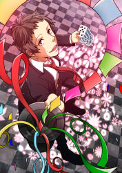 Rule 34 | 1boy, absurdres, adachi tooru, bad id, bad pixiv id, black hair, card, confetti, formal, hat, highres, magic trick, male focus, necktie, open mouth, persona, persona 4, playing card, short hair, smile, solo, suit, tasuku, top hat
