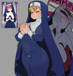 Rule 34 | 1girl, 2girls, banner, blonde hair, blush, breasts, closed eyes, cosplay, crown, double (skullgirls), dual persona, grey background, habit, highres, hololive, houshou marine, houshou marine (cosplay), houshou marine (nun), large breasts, multiple girls, nun, oshiruko (oshiruco 212048), own hands clasped, red eyes, skullgirls, solo, sweat, virtual youtuber, waa153, wide hips