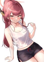 Rule 34 | 1girl, arm support, armpit crease, aru (blue archive), awnw, black shorts, blue archive, blush, breasts, cleavage, closed mouth, collarbone, demon horns, halo, highres, holding, holding own hair, horns, long hair, looking at viewer, medium breasts, pink hair, shorts, sidelocks, simple background, smile, solo, tank top, twitter username, white background, white tank top, yellow eyes