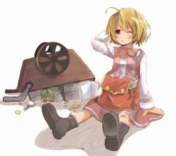 Rule 34 | 1girl, accident, ahoge, bag, black eyes, black footwear, blonde hair, blush, book, boots, brown gloves, coin, commentary request, erlenmeyer flask, flask, full body, gloves, long sleeves, looking at viewer, merchant (ragnarok online), one eye closed, open book, open mouth, pink skirt, pink vest, potion, pullcart, ragnarok online, red bag, shimada sarasara, shirt, short hair, sitting, skirt, solo, vest, white background, white shirt