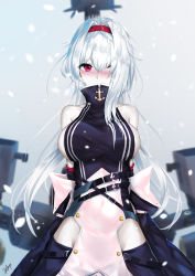 Rule 34 | 1girl, absurdres, anchor symbol, arm strap, azur lane, belt, belt buckle, belt collar, black skirt, blue hairband, breasts, buckle, chaciooh, coat, collar, colorado (azur lane), covered mouth, covered navel, detached sleeves, dress, elbow gloves, gloves, gluteal fold, groin, hair over one eye, hairband, highres, jacket, large breasts, long hair, looking at viewer, medium breasts, multiple straps, off shoulder, open mouth, pelvic curtain, red eyes, rigging, sideboob, sidelocks, signature, skindentation, skirt, sleeveless, sleeveless dress, snow, snowing, solo, white hair, wide sleeves