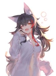 Rule 34 | 1girl, animal ear fluff, animal ears, black hair, blush, collarbone, commentary, dress shirt, hair between eyes, highres, hololive, izumi sai, long hair, long sleeves, looking at viewer, multicolored hair, navel, one eye closed, ookami mio, open mouth, partially unbuttoned, red hair, shirt, sleeves past fingers, sleeves past wrists, solo, streaked hair, upper body, virtual youtuber, waking up, white background, white shirt, wolf ears, yawning, yellow eyes