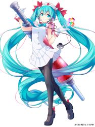 Rule 34 | 1girl, blue eyes, blue hair, bow, bowtie, breasts, commentary request, cross, footwear bow, full body, gloves, hair between eyes, hair bow, hatsune miku, heart, highres, holding, long hair, looking at viewer, matsuuni, nurse, pantyhose, red cross, shoes, simple background, skirt, small breasts, smile, solo, standing, twintails, very long hair, vocaloid, watermark, white background, wrist cuffs