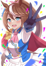 Rule 34 | 1girl, :d, black gloves, blue eyes, blush, brown hair, character request, commentary request, gloves, highres, light brown hair, long hair, long sleeves, looking at viewer, multicolored hair, nanao (naoekaki25), open mouth, pink neckwear, ponytail, shirt, sidelocks, skirt, smile, solo, streaked hair, umamusume, white background, white gloves, white shirt, white skirt