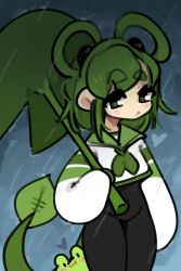 Rule 34 | 1girl, black bodysuit, blush, bodysuit, chey, closed mouth, cowboy shot, green eyes, green hair, green neckerchief, green sailor collar, hair rings, highres, holding, holding leaf, leaf, lily (chey), long sleeves, looking at viewer, neckerchief, original, rain, sailor collar, shirt, solo, tadpole, tadpole tail, thick eyebrows, white shirt