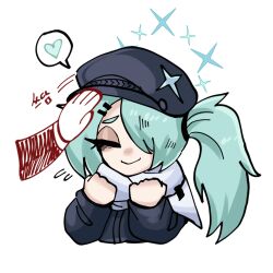 Rule 34 | 1girl, 1other, aqua hair, black jacket, blue archive, chibi, closed eyes, halo, hat, highres, hiyori (blue archive), jacket, korean text, oligogi meoggosipda, sensei (blue archive), side ponytail, simple background, smile, solo, upper body, white background