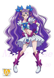 Rule 34 | 00s, 1girl, adapted costume, anniversary, arm warmers, arudebido, boots, character name, circlet, copyright name, flower, frills, full body, hair ribbon, hand on own hip, knee boots, long hair, magical girl, midriff, milk (yes! precure 5), milky rose, mimino kurumi, navel, aged up, pink eyes, precure, purple hair, ribbon, skirt, smile, solo, two side up, white background, white skirt, yes! precure 5, yes! precure 5 gogo!