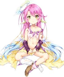Rule 34 | 1girl, aged down, blonde hair, blue hair, collarbone, spiked halo, full body, gradient hair, halo, highres, ikasoke (likerm6au), indian style, jibril (no game no life), long hair, looking at viewer, magic circle, multicolored hair, navel, no game no life, pink hair, sitting, solo, torn clothes, very long hair, white wings, wings, yellow eyes