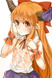 Rule 34 | 1girl, blush, bow, covered erect nipples, flat chest, highres, horn ornament, horn ribbon, horns, ibuki suika, long hair, looking at viewer, matching hair/eyes, nipples, nishiuri, orange eyes, orange hair, pointy ears, ribbon, see-through, shirt, simple background, skirt, sleeveless, sleeveless shirt, slit pupils, solo, touhou, towel, wet, wet clothes, white background