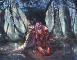 Rule 34 | 10s, 1girl, absurdres, arm support, bodysuit, breasts, bug, butterfly, closed mouth, darling in the franxx, forest, green eyes, hand up, highres, horns, in water, insect, long hair, medium breasts, nature, oni horns, pilot suit, pink hair, red bodysuit, red horns, seiza, sitting, skin tight, solo, song ren, straight hair, traditional media, water, watercolor pencil (medium), zero two (darling in the franxx)