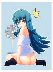 Rule 34 | ^^^, 10s, 1girl, ass, blue background, blue eyes, blue hair, electric fan, feet, happinesscharge precure!, long hair, looking at viewer, looking back, matching hair/eyes, mouth hold, popsicle, precure, shirayuki hime, slowpit, socks, solo