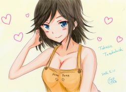 Rule 34 | 10s, 1girl, 2016, apron, bare shoulders, blush, breasts, brown hair, character name, cleavage, commentary, dated, hand in own hair, heart, hentai ouji to warawanai neko., marker (medium), medium breasts, naked apron, potekite, short hair, signature, simple background, smile, solo, traditional media, tsutsukakushi tsukasa, upper body