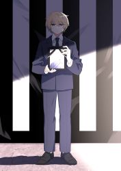 Rule 34 | 1boy, akechi hideki, black background, blonde hair, blue eyes, formal, framed image, full body, highres, holding drawing, kashii kaoru, loafers, looking at viewer, mahjong soul, male focus, multicolored background, shoes, short hair, solo, suit, wall, white background