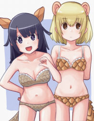 Rule 34 | 2girls, :d, adapted costume, armadillo ears, armadillo tail, arms behind back, bare arms, bare shoulders, bikini, black hair, blonde hair, blue background, blunt bangs, breasts, brown eyes, collarbone, cowboy shot, expressionless, extra ears, frilled bikini, frills, giant armadillo (kemono friends), giant pangolin (kemono friends), hair between eyes, hand on own hip, kemono friends, leaning to the side, long hair, looking at viewer, medium breasts, multiple girls, murakami kou (raye), navel, open mouth, pangolin ears, pangolin tail, pointing, pointing at self, purple eyes, short hair, simple background, smile, swimsuit, tail