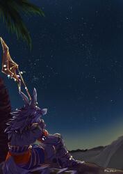 Rule 34 | 1boy, ahamma, animal ears, armband, brown fur, cane, commentary, desert, ear piercing, from behind, full body, furry, furry male, holding, holding cane, jackal boy, jackal ears, jackal tail, long hair, looking up, male focus, night, night sky, outdoors, palm tree, piercing, seth (housamo), sitting, sky, solo, star (sky), starry sky, tokyo houkago summoners, tree, twitter username, white fur