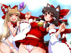 Rule 34 | 2girls, ;d, adapted costume, animal ears, arms up, bell, black hair, blonde hair, blue sky, blunt bangs, blush, body blush, bow, breasts, brown hair, cat ears, cat girl, cat tail, chain, cloud, covered erect nipples, detached sleeves, dutch angle, fang, female focus, flat chest, fox ears, fox tail, fundoshi, groin, hair bow, hair ribbon, hair tubes, hakurei reimu, hip focus, horn ornament, horn ribbon, horns, ibuki suika, japanese clothes, kemonomimi mode, large bow, long hair, looking at viewer, medium breasts, midriff, miniskirt, multiple girls, navel, no bra, no pants, one eye closed, open mouth, outdoors, pleated skirt, red eyes, ribbon, sako (bosscoffee), shiny skin, shirt, sideboob, skirt, skirt set, sky, sleeveless, sleeveless shirt, small breasts, smile, standing, tail, torii, touhou, very long hair, vest, wide sleeves, wink, wrist cuffs, yellow eyes
