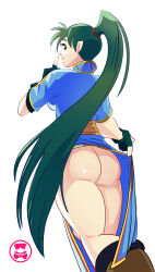Rule 34 | 1girl, artist logo, ass, blue dress, boots, breasts, brown footwear, clenched hands, clothes lift, collared dress, dress, earrings, exhibitionism, eyelashes, female focus, finger to mouth, fingerless gloves, fire emblem, fire emblem: the blazing blade, from behind, from below, gloves, green eyes, green hair, hand up, high collar, index finger raised, intelligent systems, jewelry, legs, lifting own clothes, long hair, looking at viewer, looking back, lyn (fire emblem), medium breasts, neck, nintendo, no panties, parted bangs, pendant, ponytail, profile, public indecency, schpicy, shiny skin, short sleeves, side slit, sidelocks, simple background, skirt, skirt lift, standing, talking, thighs, thighs together, turning head, white background