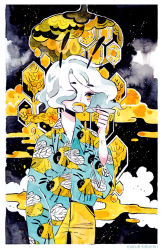 Rule 34 | 1girl, antennae, artist name, bee, bug, cloud, collared shirt, covering own mouth, cowboy shot, floating hair, hair over one eye, honey, honeycomb (pattern), insect, insect print, long sleeves, maruti bitamin, original, pants, patterned clothing, print shirt, shirt, short hair, solo, spoon, white hair, yellow eyes, yellow pants