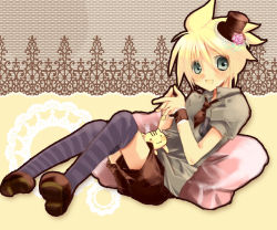 Rule 34 | 1boy, blush, cat, cushion, flower, full body, hat, kagamine len, male focus, rose, shorts, solo, striped clothes, striped thighhighs, thighhighs, vocaloid, wakakohime moe, wristband