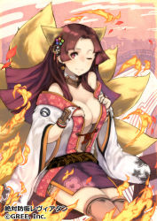 Rule 34 | 1girl, animal ears, breasts, brown eyes, brown hair, cleavage, fire, fox ears, fox tail, hair ornament, keypot, kitsune, kyuubi, long hair, looking at viewer, multiple tails, official art, one eye closed, original, smile, solo, tail, thighhighs, watermark, wink, traditional youkai, zettai bouei leviathan