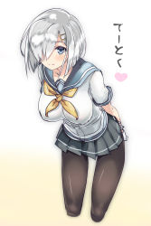 Rule 34 | 10s, 1girl, arms behind back, black pantyhose, blue eyes, blush, breasts, gloves, grey skirt, hair ornament, hair over one eye, hairclip, hamakaze (kancolle), heart, highres, holding own arm, kantai collection, large breasts, leaning forward, looking at viewer, neckerchief, oi ke, pantyhose, pleated skirt, school uniform, serafuku, short hair, short sleeves, silver hair, simple background, skirt, smile, solo, white background, white gloves, yellow neckerchief