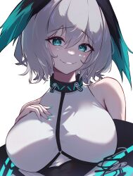 Rule 34 | 1girl, absurdres, arknights, black jacket, blue nails, breasts, commentary, fangs, green eyes, green wings, grey hair, hair between eyes, head wings, highres, ho&#039;olheyak (arknights), infection monitor (arknights), jacket, large breasts, looking at viewer, medium hair, nail polish, off shoulder, ponytail, shaded face, shirt, simple background, skin fangs, sleeveless, sleeveless shirt, smile, solo, upper body, white background, white shirt, wings, worimehl