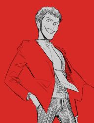 Rule 34 | 1boy, arm at side, arsene lupin iii, belt, blending, collared shirt, greyscale with colored background, grin, halorane, hand in pocket, long sideburns, looking ahead, lupin iii, male focus, necktie, pants, shirt, short hair, sideburns, sketch, smile, solo, unfinished