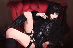 Rule 34 | 1girl, absurdres, asymmetrical bangs, black footwear, black hair, black necktie, black shorts, black socks, blue eyes, boots, brown hair, chair, cross, cross-laced footwear, goth fashion, hair between eyes, hair over one eye, highres, ikky, knee boots, kneehighs, lace-up boots, long hair, long sleeves, looking at viewer, mole, mole under eye, multicolored hair, necktie, o-ring, o-ring thigh strap, original, shirt, shirt tucked in, short shorts, shorts, sitting, socks, solo, striped clothes, striped shirt, thigh strap, twintails