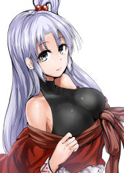 Rule 34 | 1girl, armpit peek, bare shoulders, black eyes, breasts, closed mouth, commentary request, dress, hair bobbles, hair ornament, highres, large breasts, long hair, long sleeves, looking at viewer, off shoulder, one side up, parted bangs, red dress, shinki (touhou), sidelocks, silver hair, skin tight, sleeveless, sleeveless turtleneck, smile, solo, touhou, touhou (pc-98), turtleneck, undershirt, upper body, y2