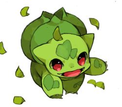 Rule 34 | alternate color, animal focus, arm up, bulbasaur, claws, creatures (company), fang, game freak, gen 1 pokemon, green theme, happy, leaf, looking at viewer, lowres, nintendo, no humans, open mouth, pokemon, pokemon (creature), puddingx2, red eyes, shiny pokemon, simple background, smile, solo, tongue, white background