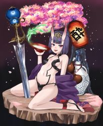 Rule 34 | 1girl, alcohol, ali (wwwwwwrt), ankle ribbon, barefoot, barefoot sandals (jewelry), breasts, cherry blossoms, cup, fate/grand order, fate (series), hair ornament, highres, horns, japanese clothes, leg ribbon, midriff, navel, oni, ribbon, sakazuki, sake, shuten douji (fate), shuten douji (first ascension) (fate), sitting, small breasts, solo, sword, weapon