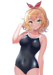 Rule 34 | 1girl, alternate breast size, blonde hair, breasts, commentary request, commission, competition school swimsuit, covered navel, cowboy shot, green eyes, grey one-piece swimsuit, hairband, idolmaster, idolmaster cinderella girls, looking at viewer, medium breasts, one-piece swimsuit, pink hairband, sakurai momoka, school swimsuit, short hair, skeb commission, solo, standing, swimsuit, wakana hanabi, wavy hair