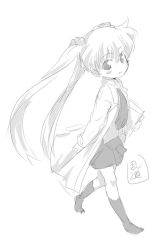 Rule 34 | 00s, 1girl, artist name, blush stickers, child, from side, full body, greyscale, kneehighs, lab coat, long hair, long sleeves, looking at viewer, monochrome, no shoes, pani poni dash!, randou, rebecca miyamoto, simple background, sketch, skirt, socks, solo, twintails, walking, white background