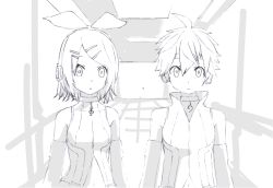 Rule 34 | 1boy, 1girl, bass clef, bow, choker, commentary request, d futagosaikyou, detached sleeves, expressionless, greyscale, hair bow, hair ornament, hairclip, headphones, kagamine len, kagamine len (append), kagamine rin, kagamine rin (append), looking at viewer, midriff, monochrome, navel, ribbed shirt, shirt, short hair, sketch, sleeveless, sleeveless shirt, spiked hair, standing, swept bangs, treble clef, upper body, vocaloid, vocaloid append