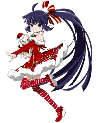 Rule 34 | 10s, 1girl, akatsuki (log horizon), detached sleeves, dress, eyebrows, full body, hat, holding, index finger raised, log horizon, long hair, looking at viewer, ponytail, purple eyes, purple hair, red dress, red hat, red ribbon, ribbon, santa hat, simple background, smile, solo, striped clothes, striped thighhighs, thighhighs, transparent background, very long hair, white background